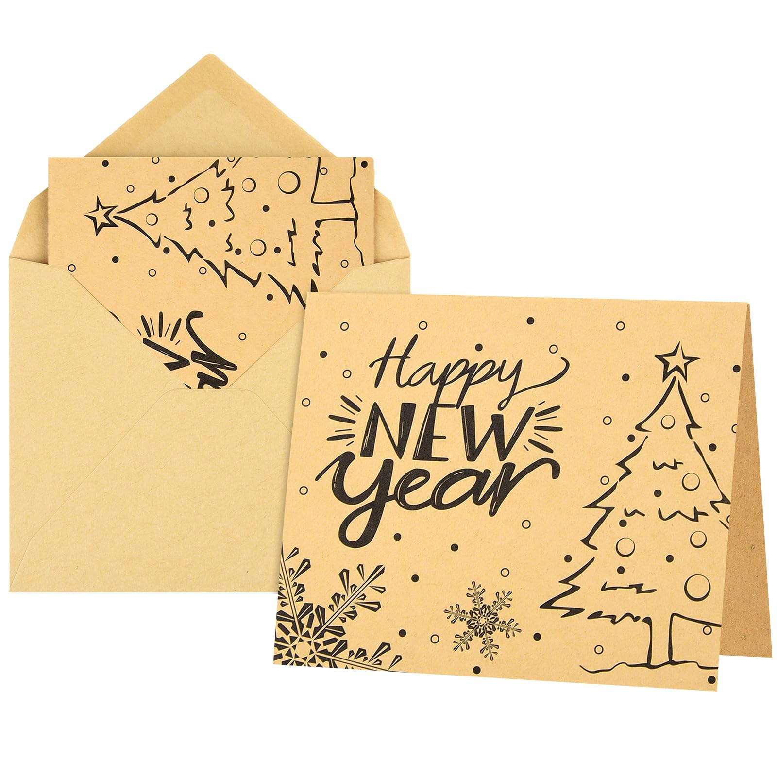 Morcheiong 36pcs Happy New Year Greeting Cards with Envelopes and Stickers Kraft Holiday Note Cards Blank Inside - Retro Style