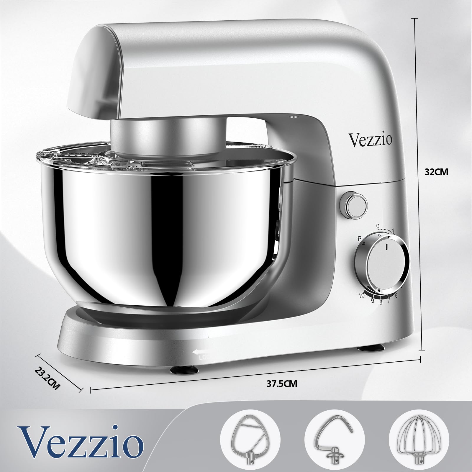 Vezzio Impastatrice Planetaria, 4.5L Robot da Cucina Multifunzione, 10 Velocità Leggero Impastatrice Pizza con Uncino Impastatore, Mescolatore, Frusta Sbattitric(Argento)