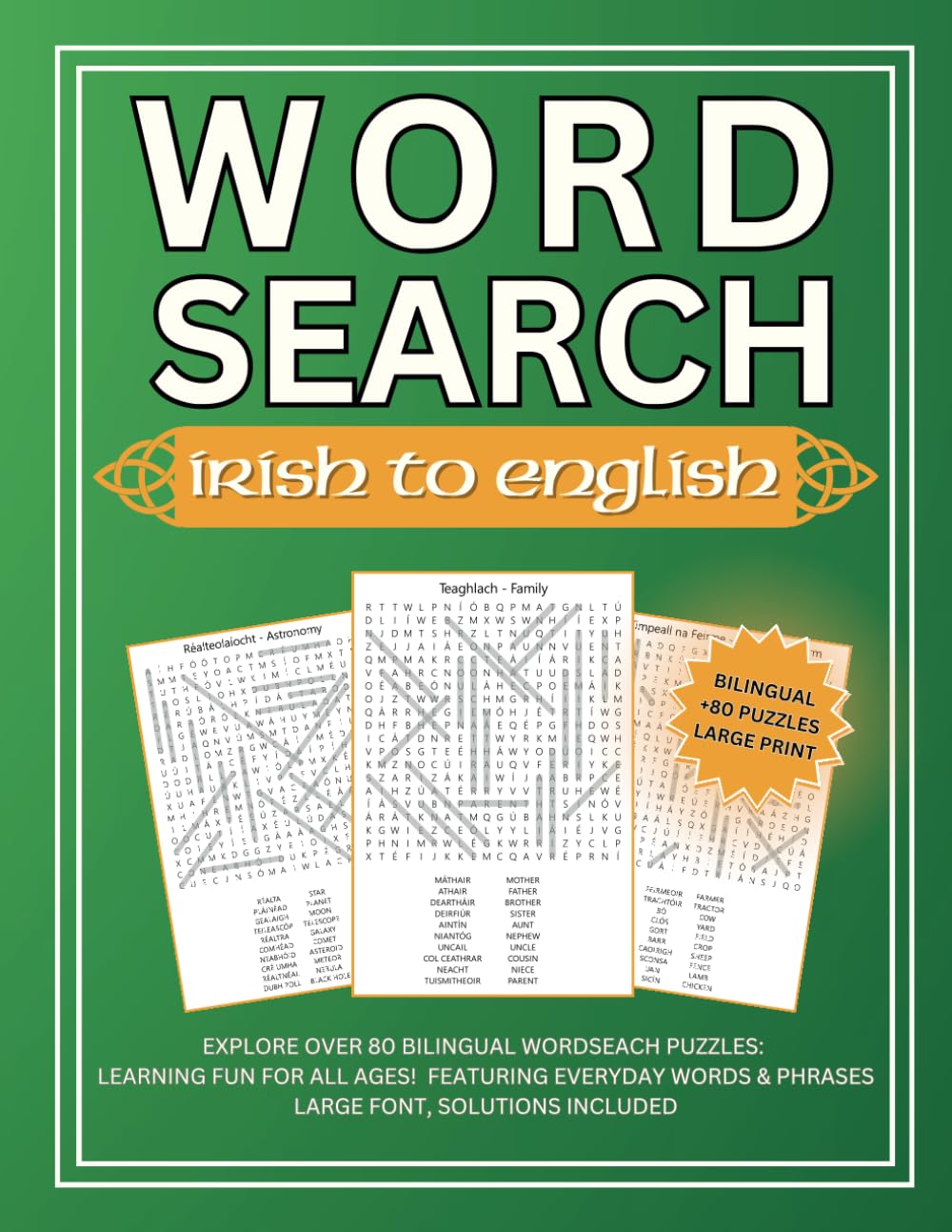 Wordsearch Irish to English: Large Print Bilingual Puzzle Book for All Ages with Full Solutions