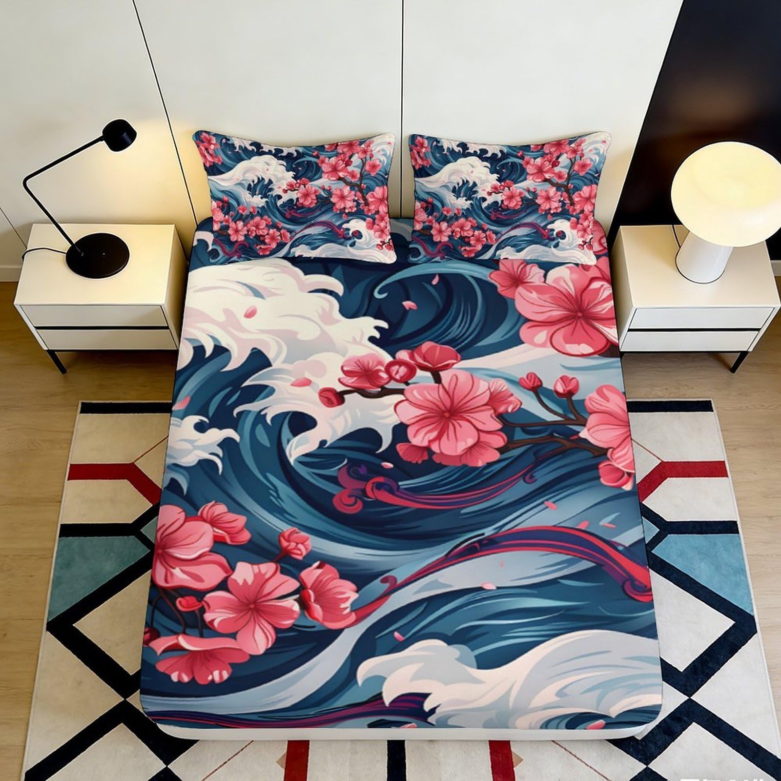 3D Printed Japanese Wave Fitted Sheet Microfiber Cherry Blossom Mattress Cover Anti-Slip Machine Washable Bedroom Decor 160x200x25cm