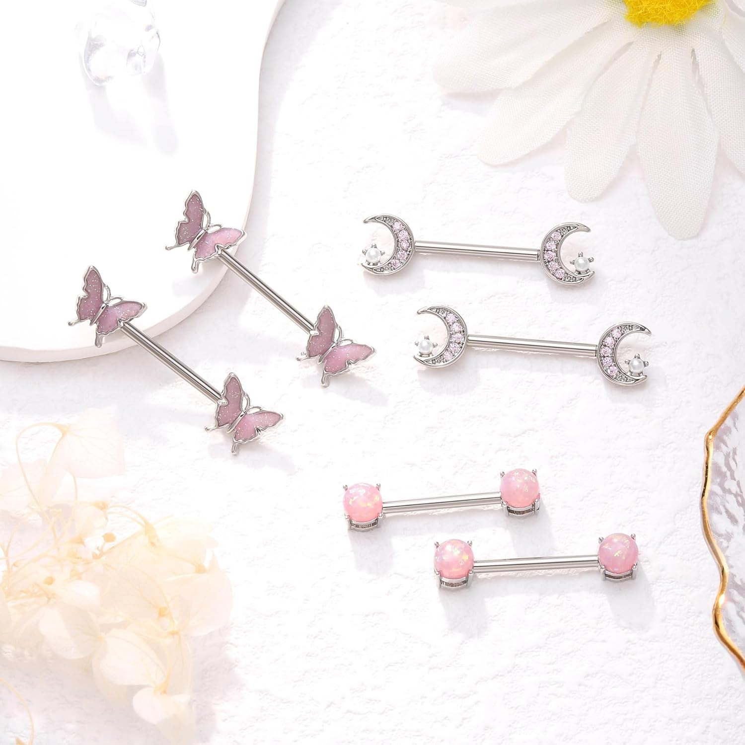 Nipple Rings Surgical Steel Nipple Piercing Jewelry 14g for Women with Cute Heart Buttertly Moon Elements - Image 4