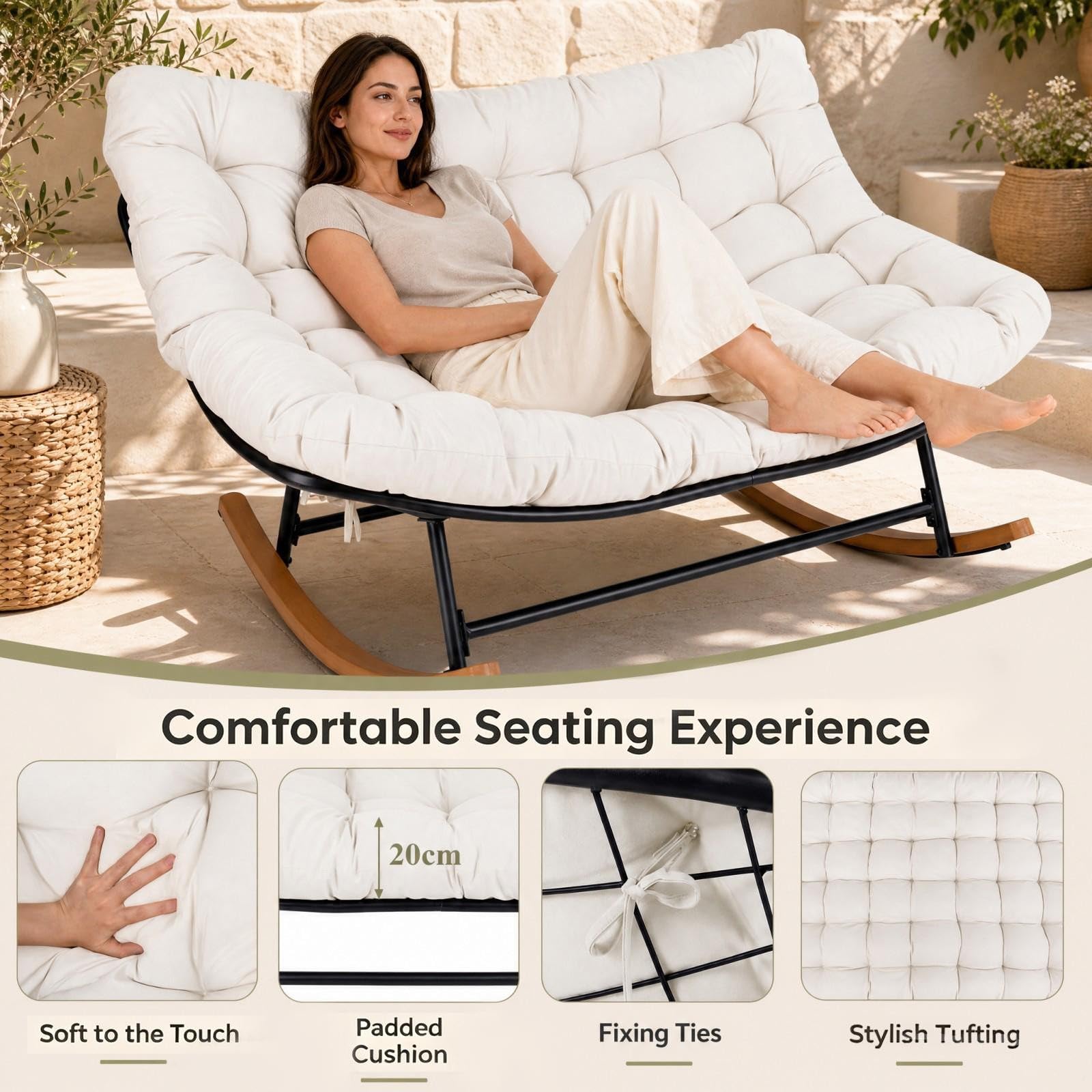 GIANTEX Schaukelstuhl für 2 Personen, XXL Schwingsessel (Beige) | mit dickem Kissen & ergonomischer Rückenlehne, Ei-förmiger Stillstuhl, für Wohnzimmer, Balkon & Garten, Tragfähigkeit 320 kg