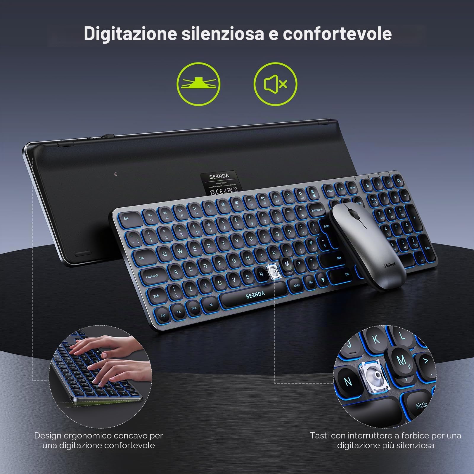 seenda Tastiera e mouse wireless, retroilluminazione a 3 colori (rosso-bianco-blu), ultra sottile ricaricabile retroilluminato silenzioso USB tastiera e mouse set completo QWERTY UK per PC Windows