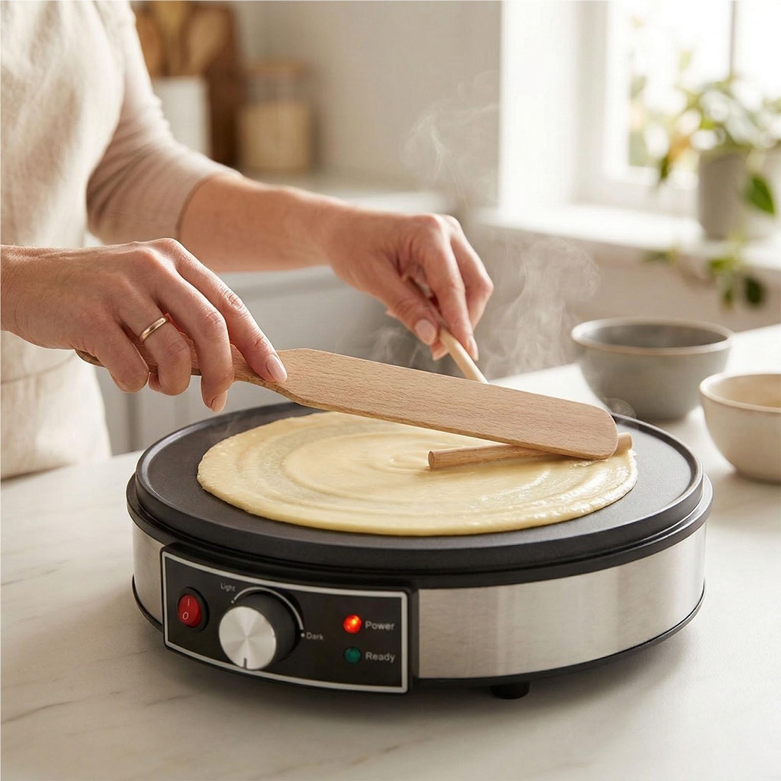 Piastra per Crepes Elettrica 30cm con Controllo Temperatura Regolabile Spatola in Legno per Crepes Pancake Uova Tortilla e Griglia Macchina per Pancake Antiaderente per Uso Domestico