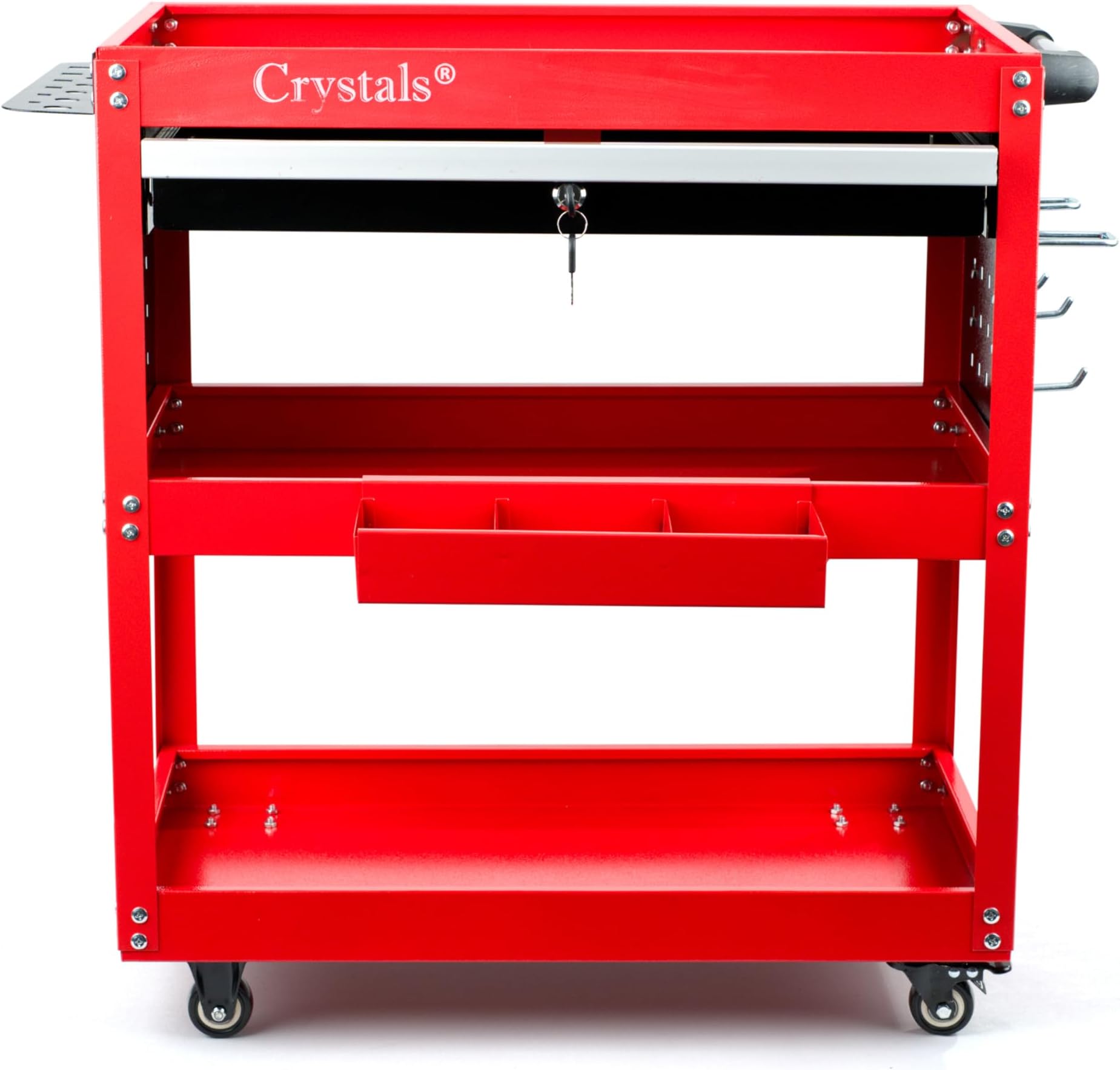 Crystals 3-Tier Tool Storage Organiser with Lockable Drawer and Wheels, Garage Service Cart with Handle, Workshop DIY Storage Trolley with Side Tool Slots