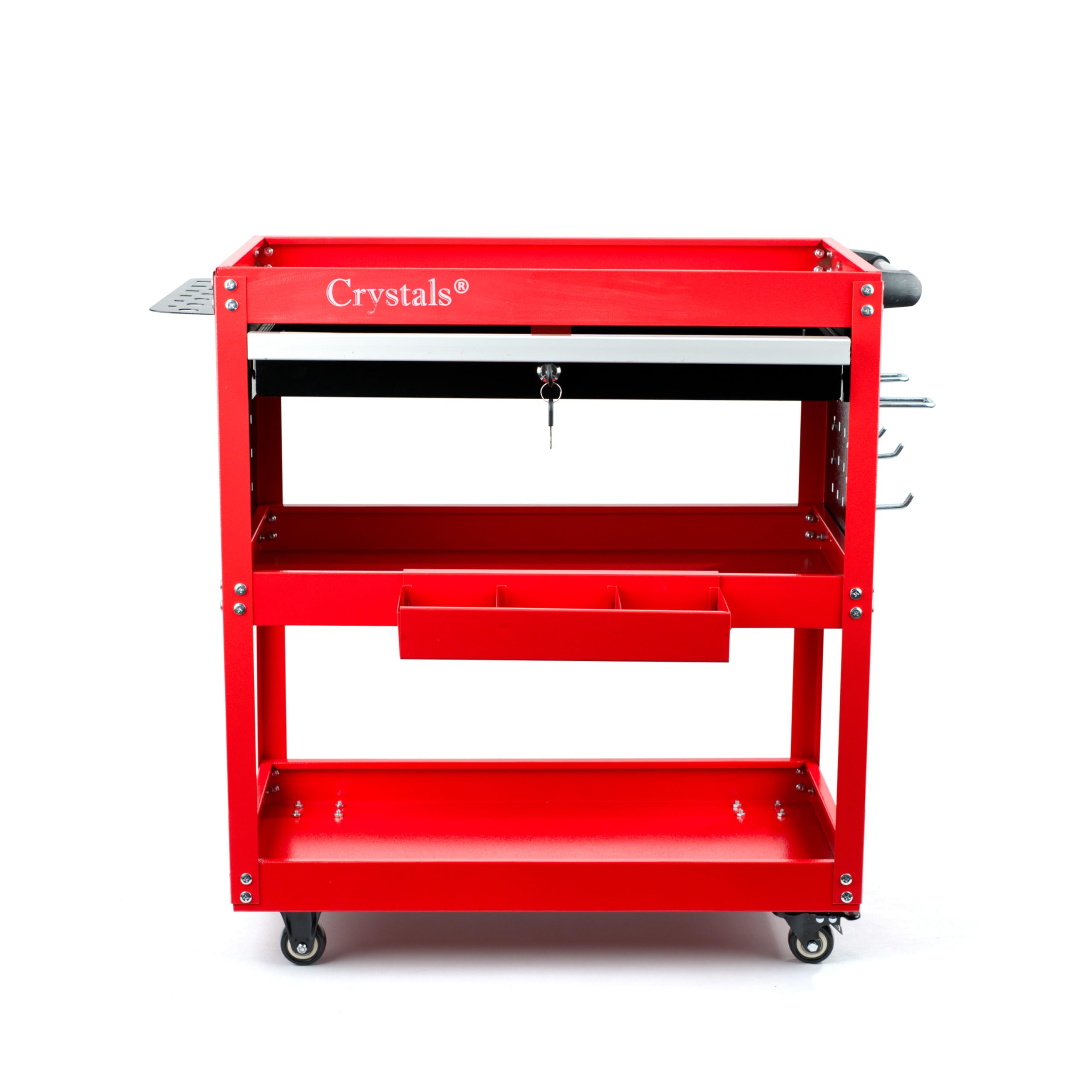 Crystals 3-Tier Tool Storage Organiser with Lockable Drawer and Wheels, Garage Service Cart with Handle, Workshop DIY Storage Trolley with Side Tool Slots