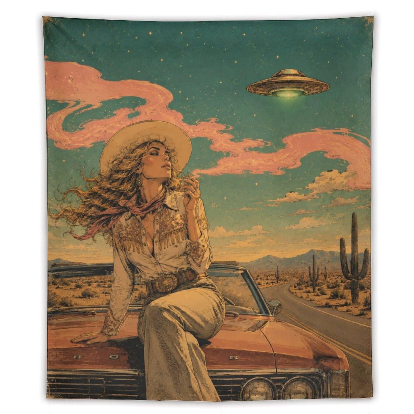 H3B8U2Y5 UFO Cowgirl Desert Road Wall Tapestry, Surrealist, Entryway
