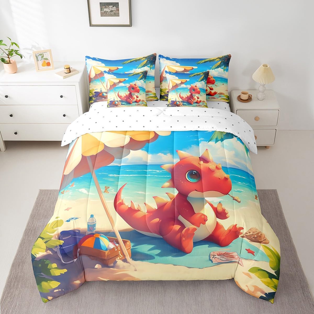 Castle Fairy Kawaii Dinosaur Comforter Set Twin Size,Tropical Summer Beach Bed Set 7pcs with Comforter,Fitted Sheet,Flat Sheet,2 Pillowcases,2 Throw Pillow Covers,Cartoon Dino Animal Bedding Set