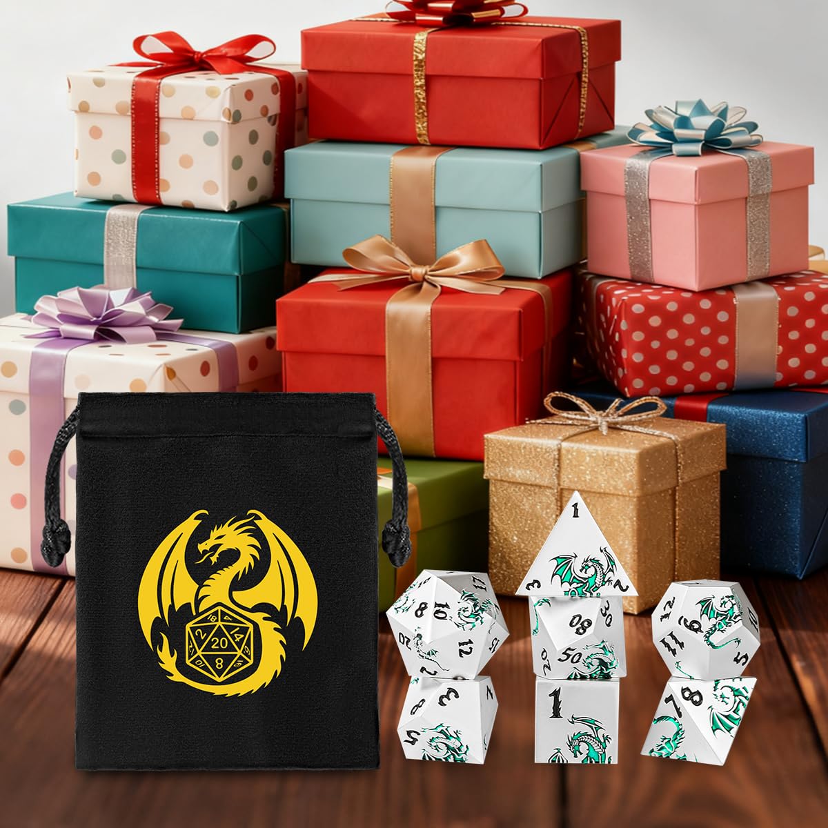 Lot de Dés en Métal DND, Vert Motif de Dragon Plat, 7 Dés Polyédriques en Métal, MTG, RPG, Accessoires de Jeu de Société, Cadeaux D&D avec Sac Cadeau, D4, D6, D8, 2 D10 (00-90 et 0-9), D12, D20, Blanc | Lot de 7 dés DND polyédriques en métal, cadeaux D&D,