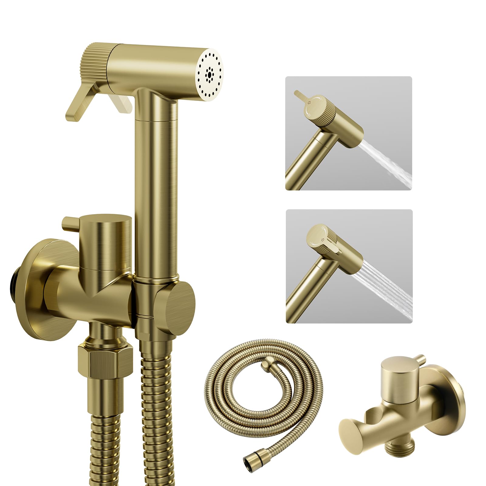 Kit Doccetta per Bidet, 2 modalità Spruzzatore per WC con 1.2m Tubo Flessibile Acciaio Inox e Supporto, Kit Doccetta a Mano Ottone per Bidet, Igiene Personale e Animale, G1/2, Oro