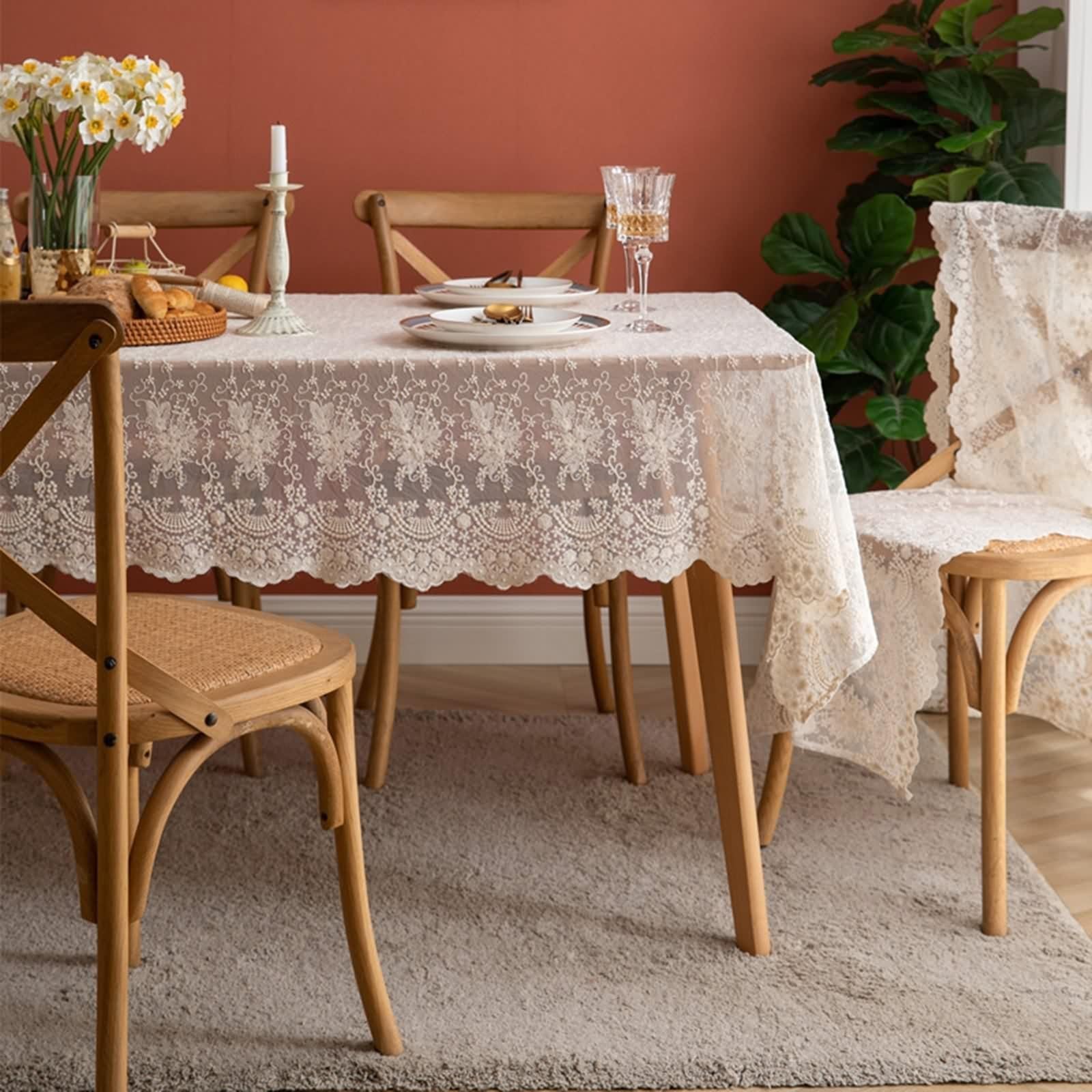 Tovaglia Tavolo Cucina, Tovaglia Cucina Rettangolare Beige Poliestere Fiore Di Pizzo Ricamato Copritavolo 130X180CM per Soggiorno