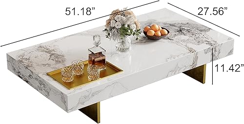 Vista 2 de Mesa auxiliar rectangular de mármol de 51.18 pulgadas, moderna parte superior de piedra sinterizada blanca con base de metal dorado, mesa central