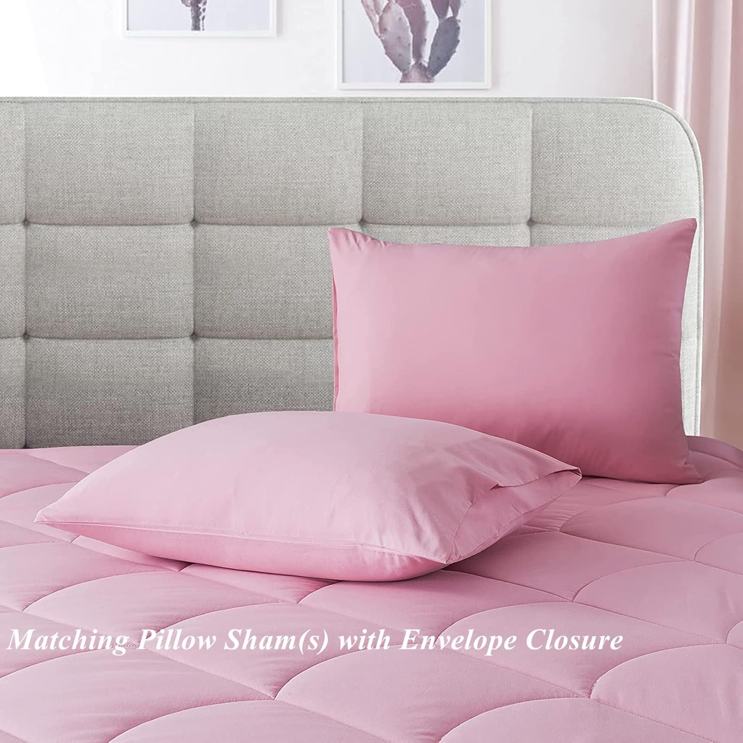 ELNIDO QUEEN Pink Full Comforter Set with 2 Pillow Shams - 3 Pieces Bed Comforter Set - Quilted Down Alternative Lightweight All Season Bedding Comforter Sets Full Size(82x86 inch)