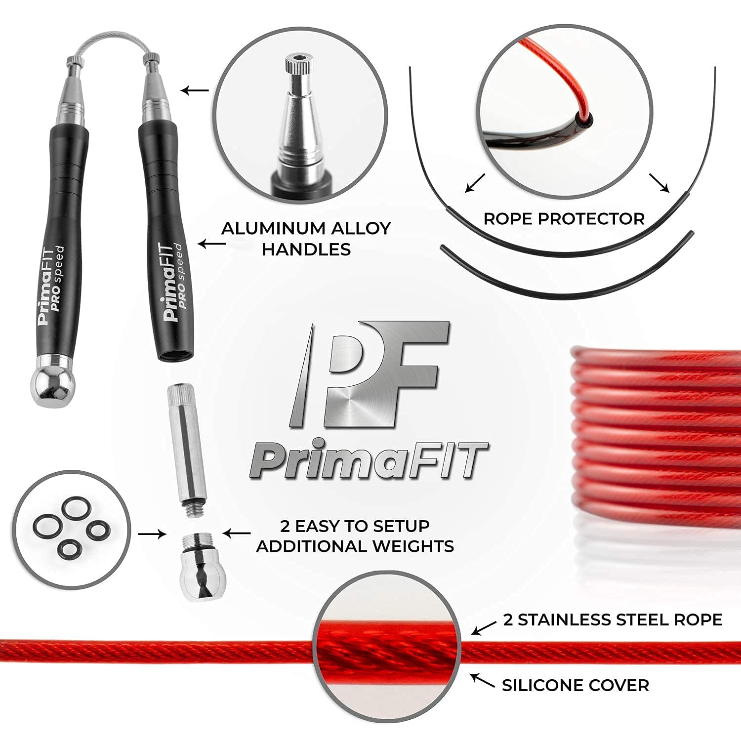PrimaFIT Pro Speed skakanka dla dorosłych fitness dla mężczyzn i kobiet, obciążona skakanka, 3 m, regulowana, samoblokująca, aluminiowa, bokserska, siłownia, MMA, crossfit, trening, zapasowe,