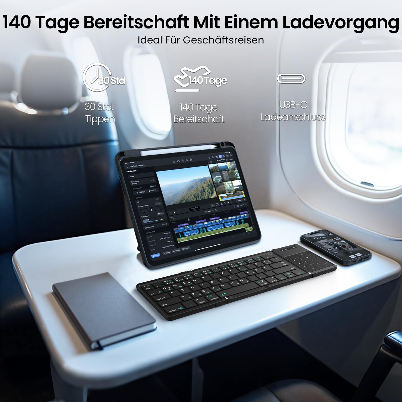 Nillkin Faltbare Bluetooth Tastatur mit Touchpad, Wiederaufladbare QWERTZ-Klapptastatur mit Ziffernblock, Tragbare Mini-Tastatur für iPad, iOS, Android und Windows Laptop & Tablet, Leder-Schwarz