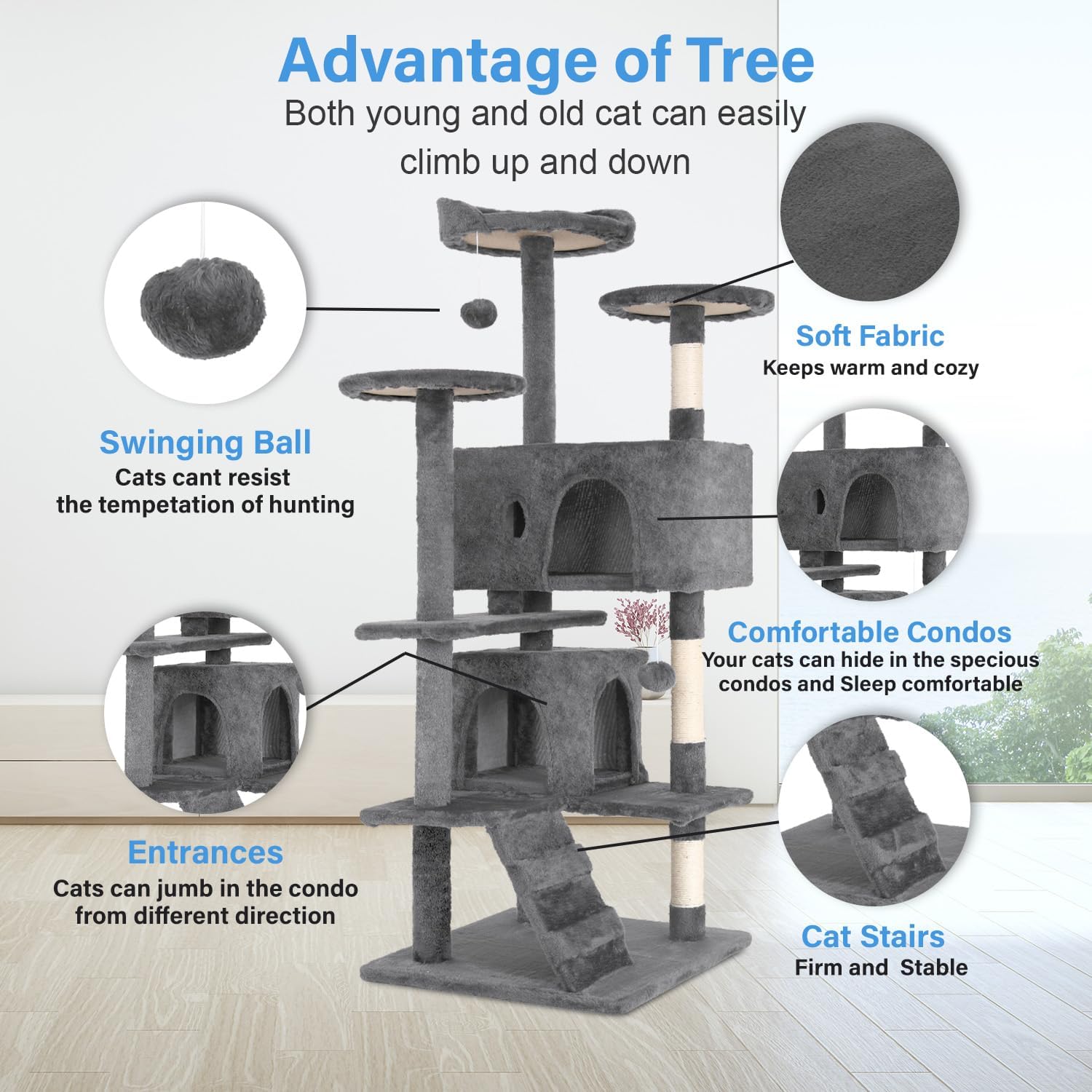54" Light Gray Multi-Level Sisal Cat Tree Tower