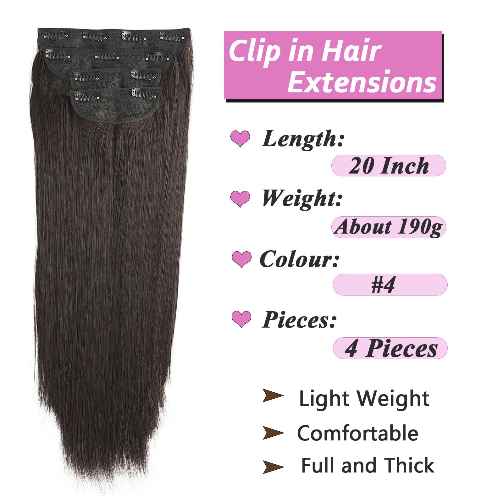 Samtress Samtress 20 Inch Clip in Hair Extension Clip in 4 PCS Dark Brown Synthetic Fiber Hairpieces Hair Long Straight Hair Extensions for Women and girl (#4) - Image 2