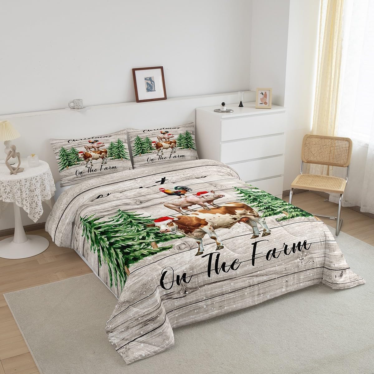 Christmas Farmhouse Twin Size Comforter Set,Xmas Pine Trees Snowflake Duvet Set Soft Bed Collection,Cartoon Cow Chicken Pig Bedding Comforter for Boys Girls Bedroom,2 Pcs