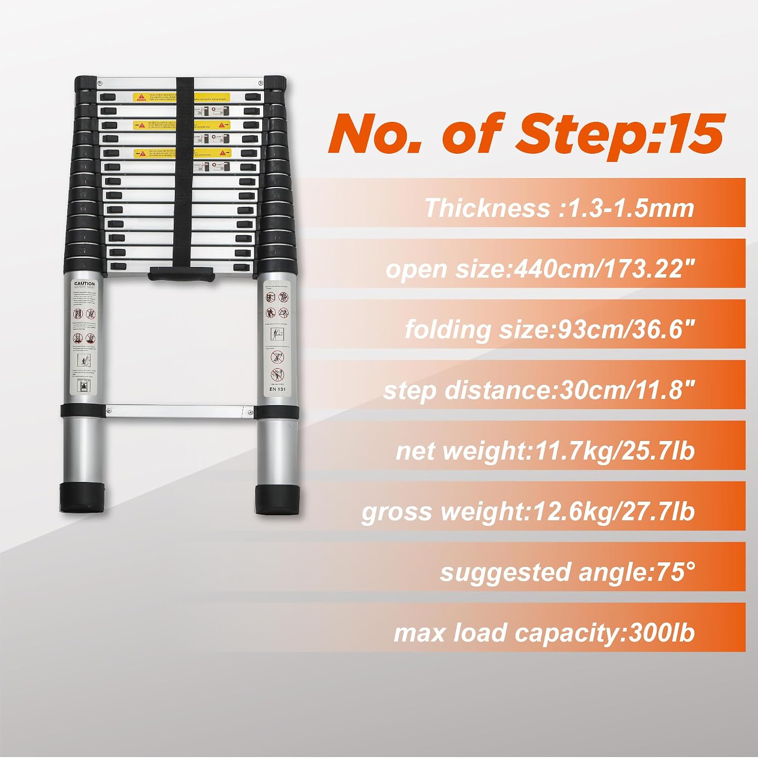 Telescoping Ladder Aluminum Lightweight Telescopic Extension Ladder Portable Multi-Purpose Heavy Duty 300LBS Capacity Collapsible Ladder for Outdoor Work (14.5FT)