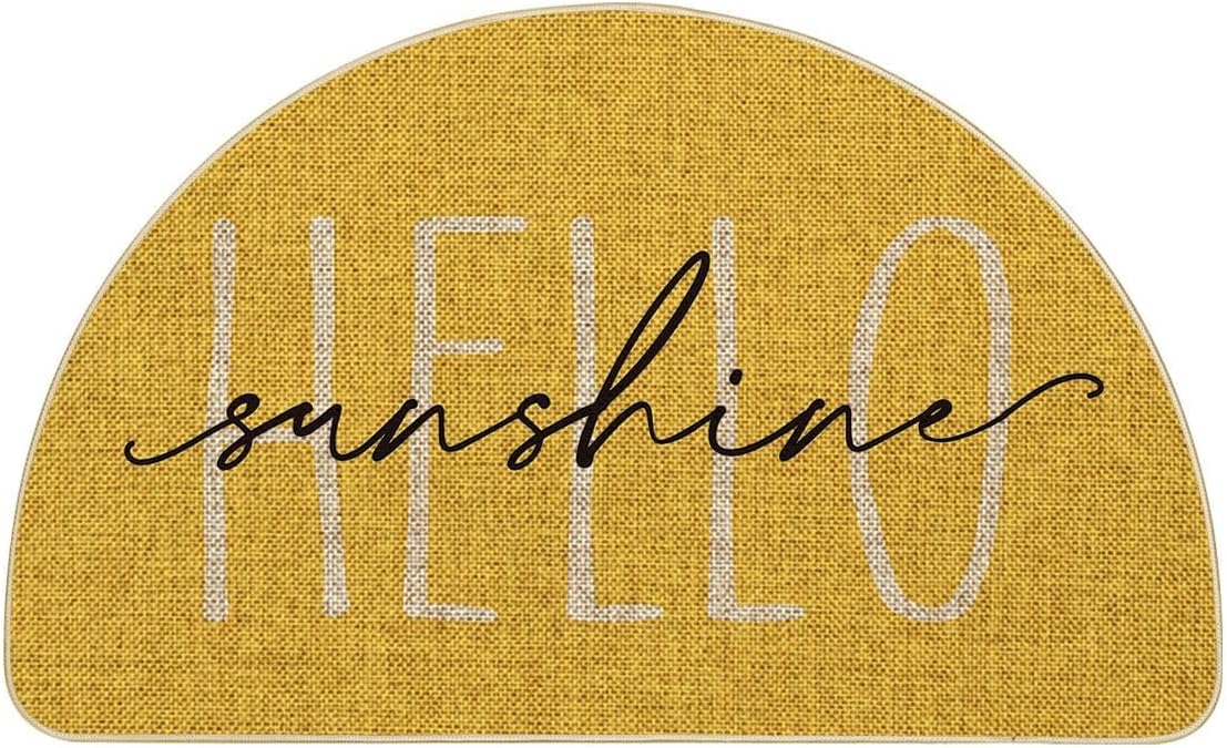 Artoid Mode Yellow Hello Sunshine Summer Semicircular Doormat, Seasonal Spring Holiday Low-Profile Floor Mat Switch Mat for Indoor Outdoor 17 x 29 Inch