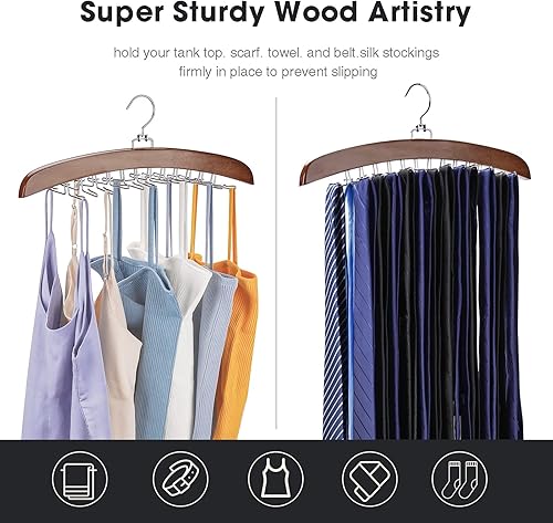 Miniatura 4 de Ulimart 2 estantes de amarre para armario de hombre, 24 ganchos, organizador de corbata de madera con rotación mejorada de 360, bufandas,