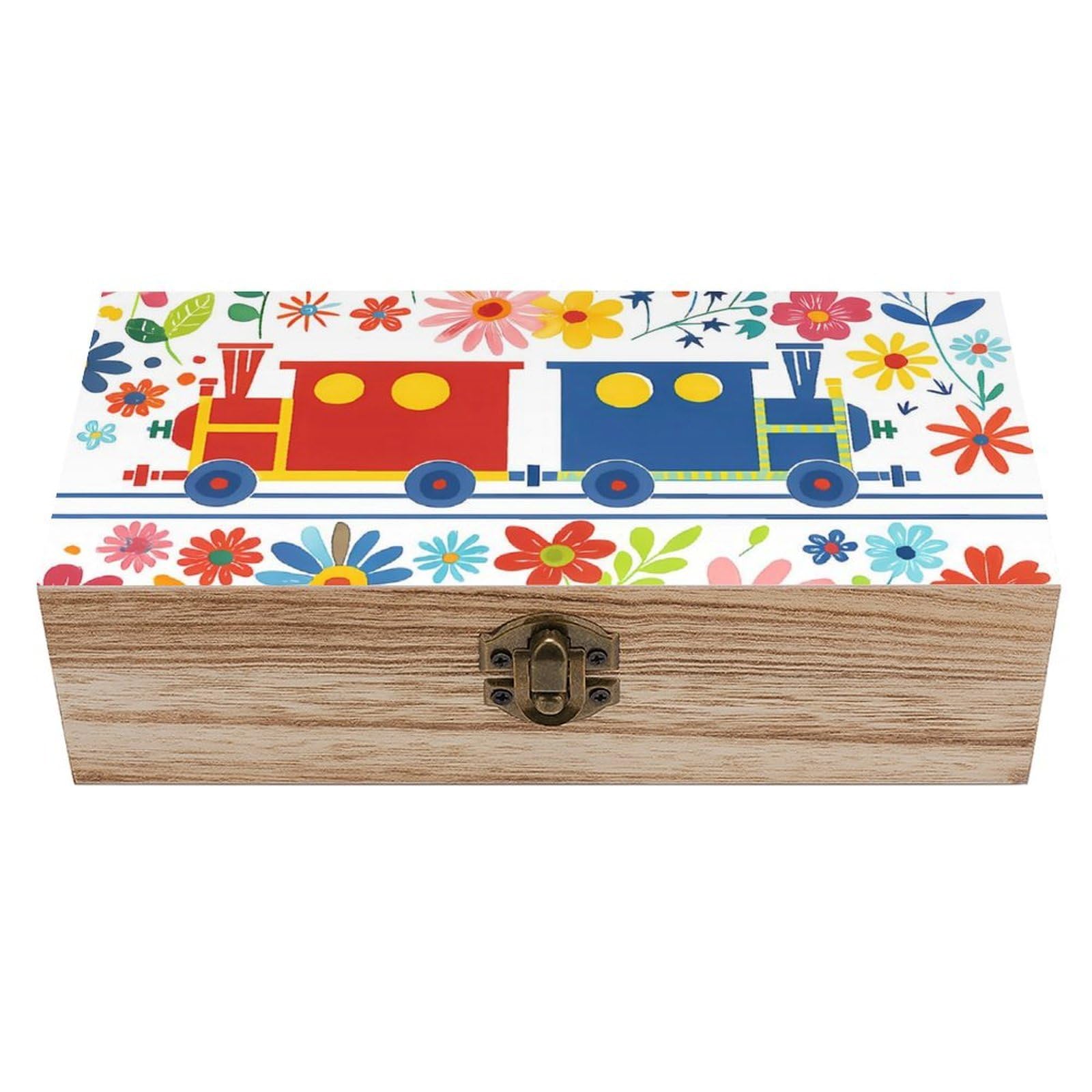 Oudrspo Vibrant Train And Flowers Retro Wooden Storage Box Keepsake Jewelry Decorative Art Storages Box Gift Boxs