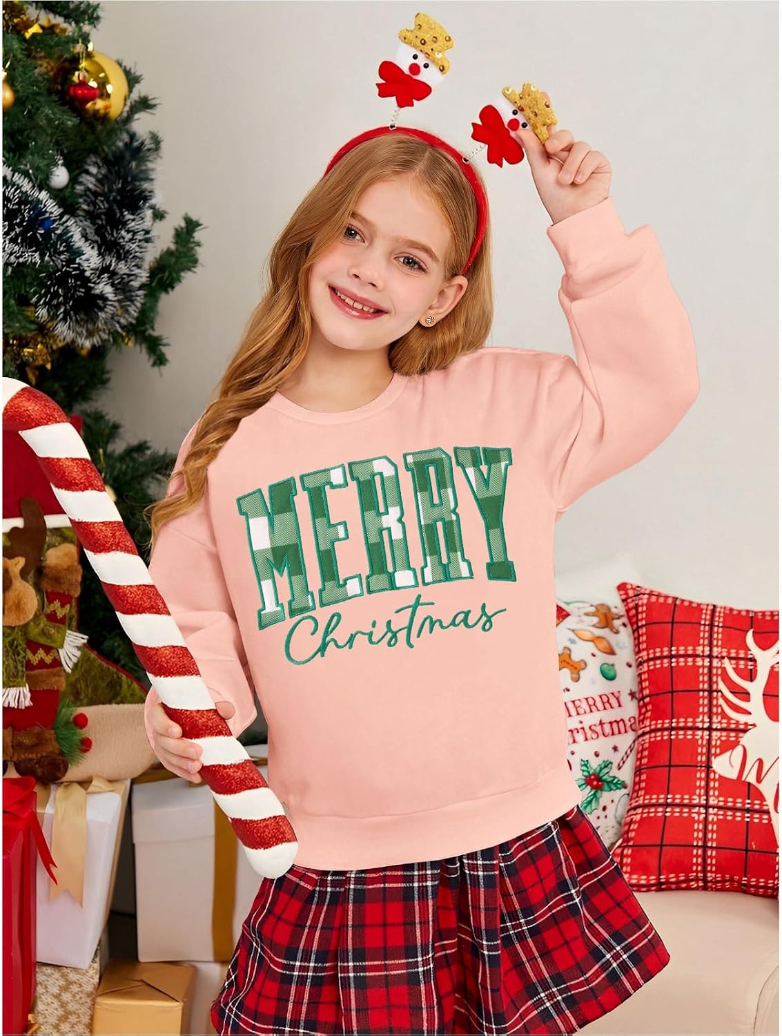 GLIGLITTR Kids Girls Christmas Sweatshirt Plaid Embroidery Merry Christmas Shirts Crewneck Pullover Top Xmas Holiday Outfits