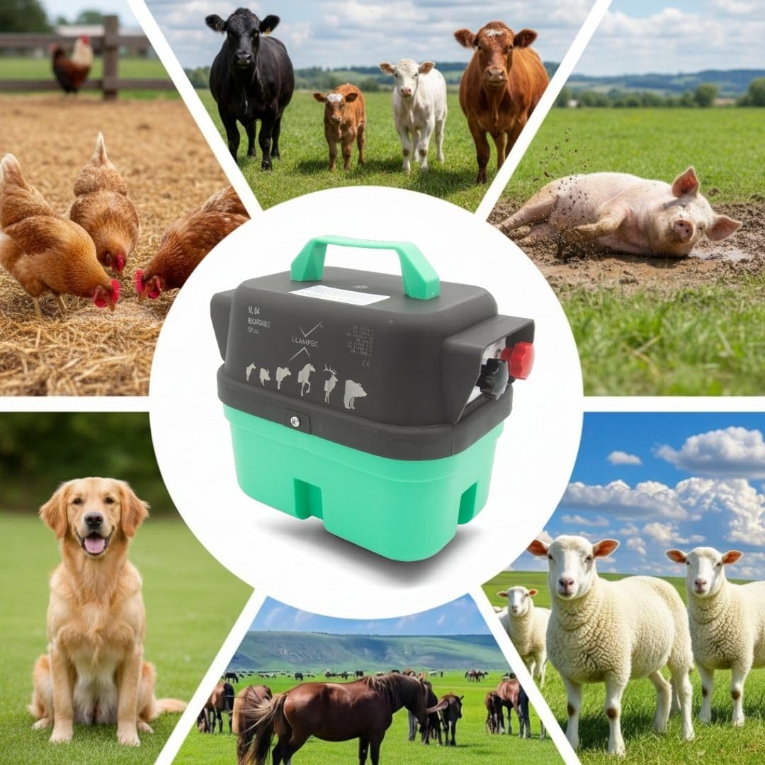 Llampec Pastor Eléctrico Recargable Mod.04 con Batería 12v 7Ah Incluida – 1,6 J - 9.500 V y 10 km de Alcance – Cerca eléctrica para Perros, Caballos, Cerdos y Vacas – Fabricado en España