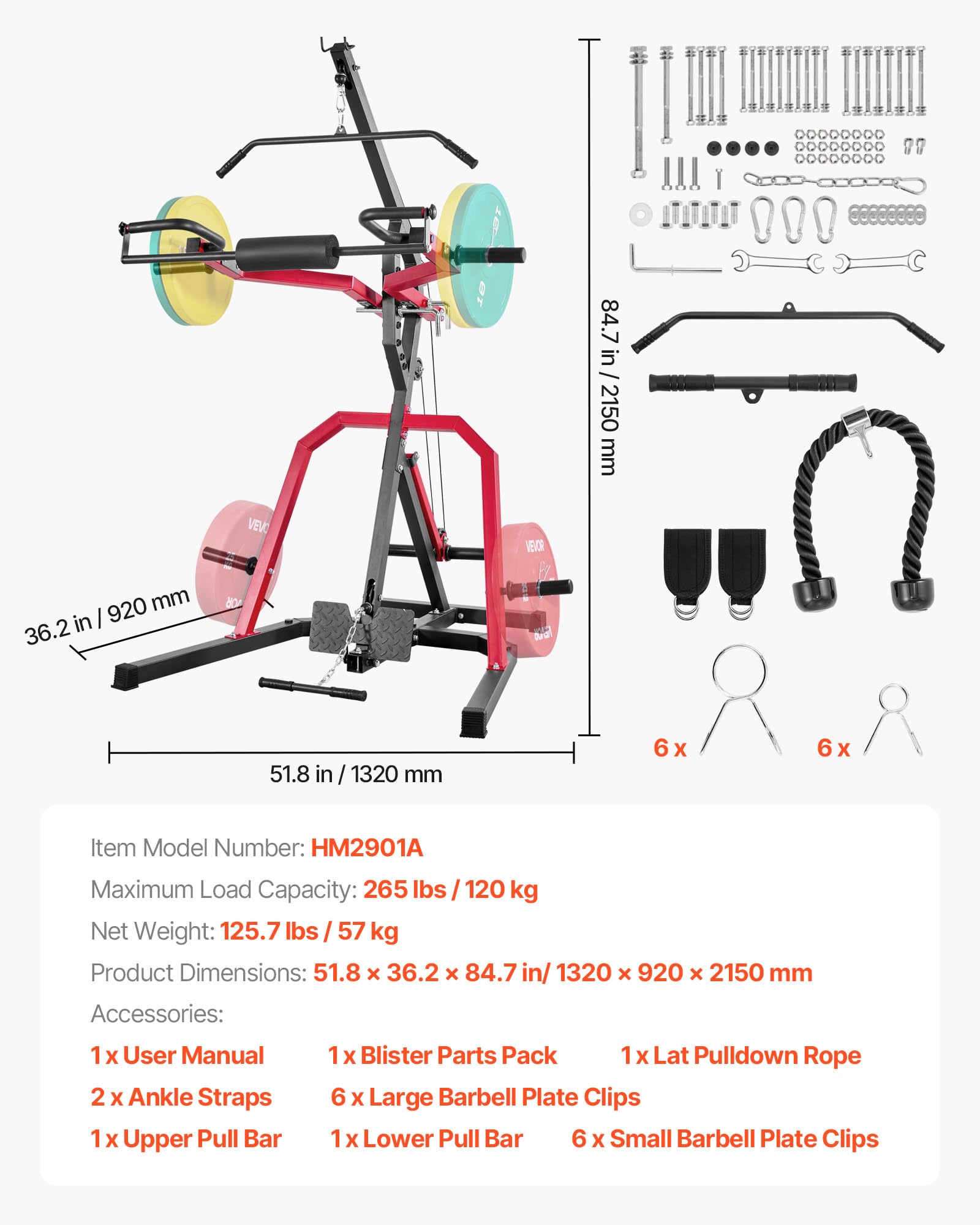 VEVOR Équipement de Gym à Domicile pour Squats, Station de Musculation à Levier avec Système LAT et Tirage Poulie Basse à Ratio 2:1, pour Flexions des Biceps, Entraînement pour Tout Le Corps