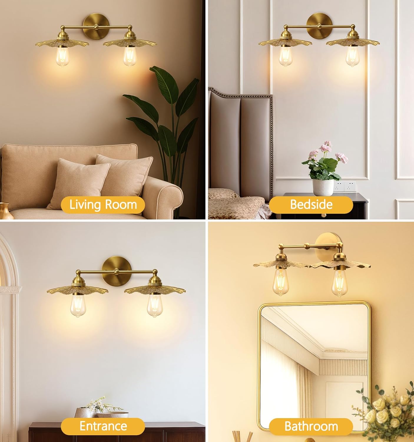 Vintage Brass Double Wall Sconce Fixture, Double Head Gold Wall Sconce with Decorative Petal Shade, Industrial Style Bathroom Vanity Wall Light, Suitable for Bedroom, Hallway, Bathroom