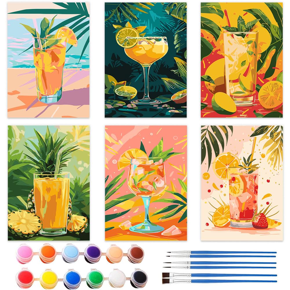 KMFASVX 6PCS Tropical Cocktail Paint by Numbers for Adults, 20x30cm Acrylic DIY Canvas Art, Home Wall Decor, Beginner Friendly Relaxing Craft & Gift