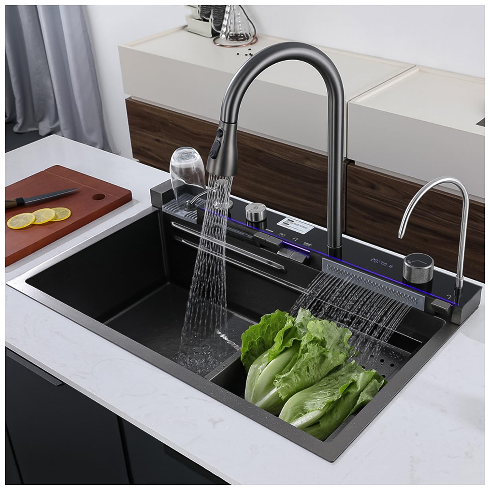 ZQFHSX Stainless Steel Waterfall Kitchen Sink, Nano Workstation Sink With Digital Dispaly, Pull-out Faucet, Drop In Accessories