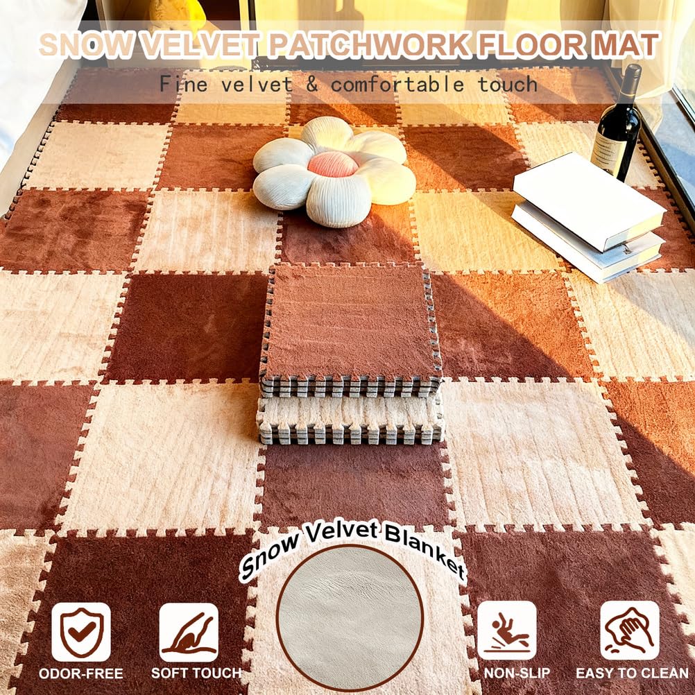 Kwadratowe maty puzzle, 10 sztuk, nachodzące na siebie płytki dywanowe z pianki pluszowej, 30,5 x 30,5 cm, antypoślizgowe dywany puzzle, miękkie, puszyste maty podłogowe do pokoju, rozmiar 8,9 m²