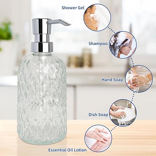 Miniatura 3 de Dispensador de jabón de manos para baño, dispensador de loción de vidrio transparente de 13 onzas, diseño de diamante, dispensador de jabón