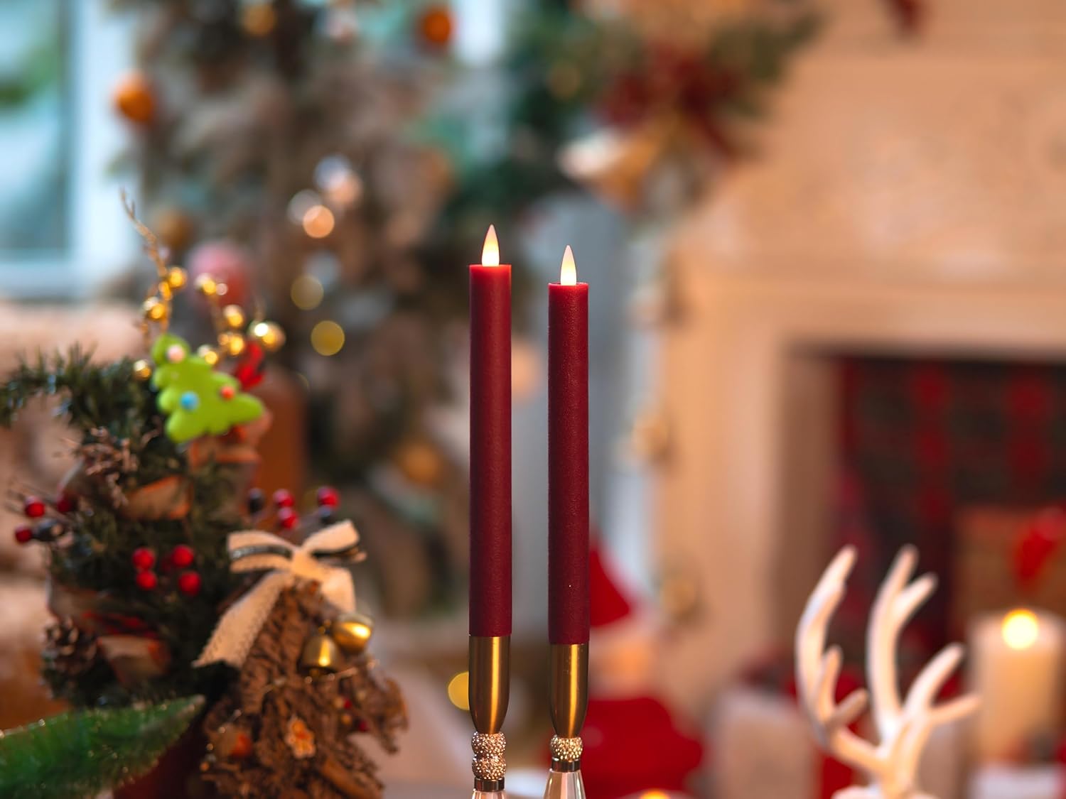 Burgundy Flameless Taper Candles with Remote & Timer -Leather-Textured Real Wax, 3D Moving Flicker, 400Hr Battery Operated Window Candles (Remote Uses 2 AAA Batteries, Not Included)​