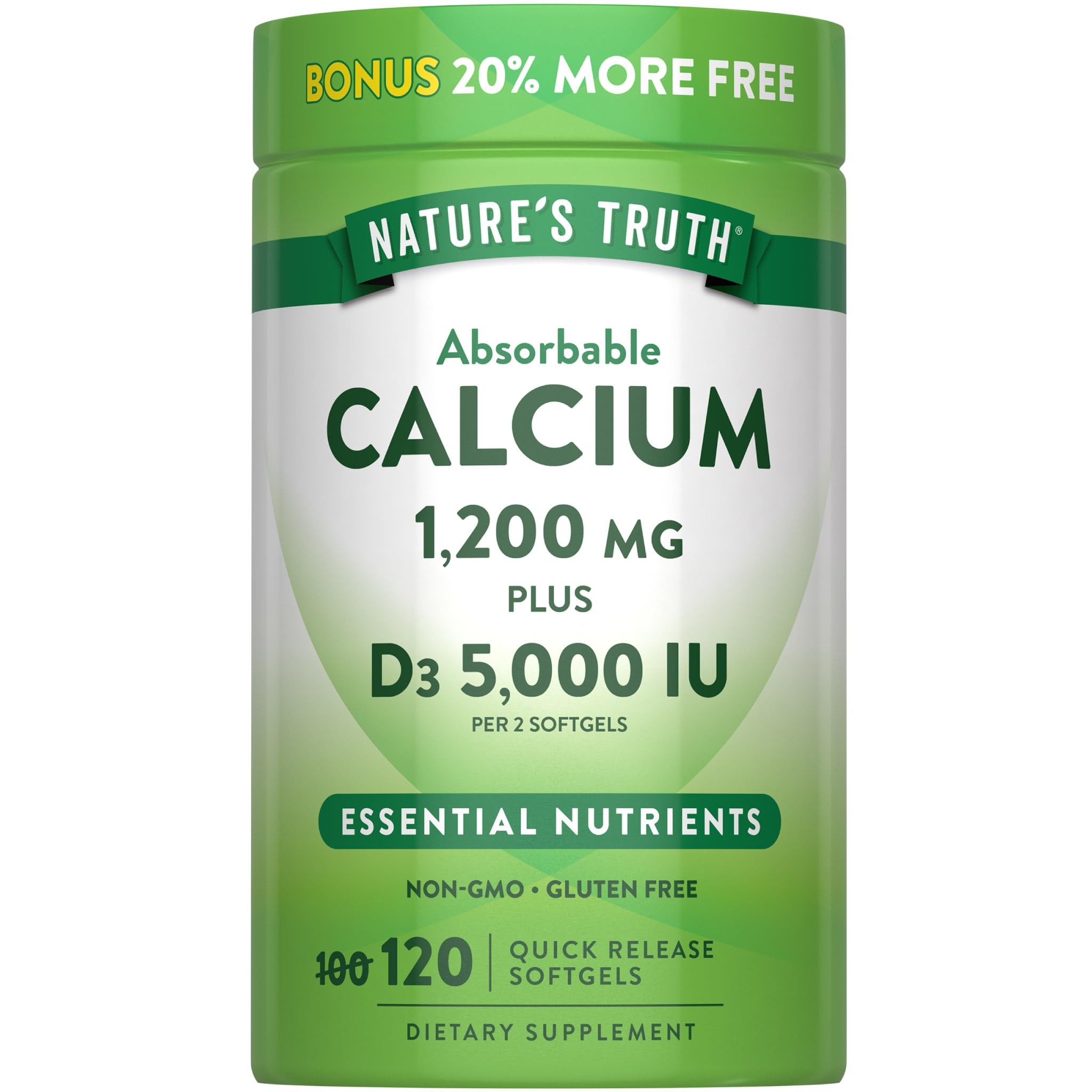 Nature's Truth Absorbable Calcium | 1200 mg | with Vitamin D3 5000 IU 120 Count (Pack of 1)