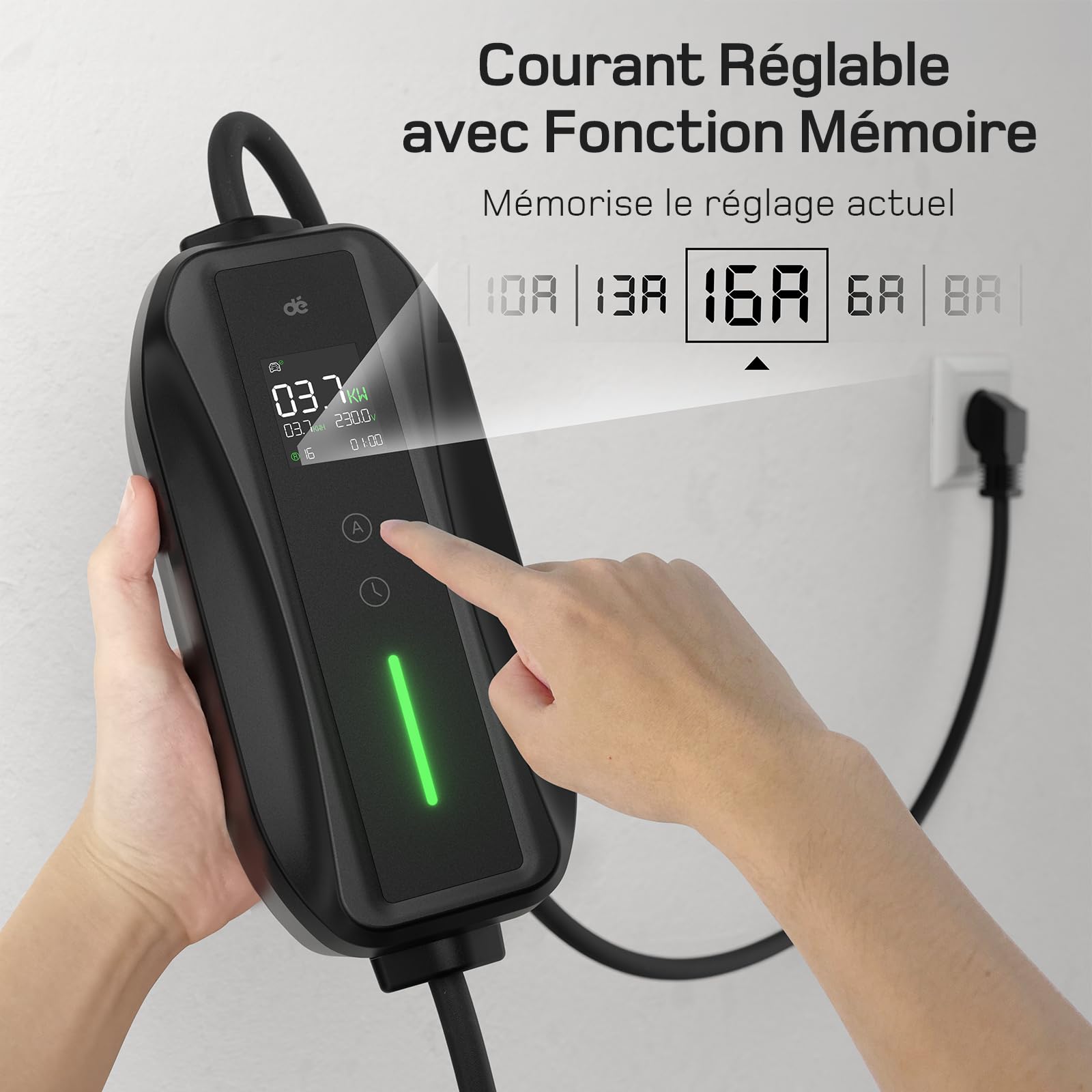 dé Chargeur Voiture Electrique 3,68kW [6m, 6/8/10/13/16A] Cable Type 2 Recharge avec Affichage Numérique Contrôlable Compatible avec e-208, Spring, 500e, Model 3, Megane EV, Zoe et Autres EV et PHEV