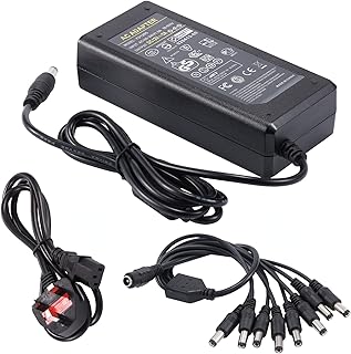 12V Power Supply 5A Adapter - COLM UK 12V 60W Charger with 8-Way 8 Way Power Splitter Cable for LED Driver CCTV Security System LCD Monitor