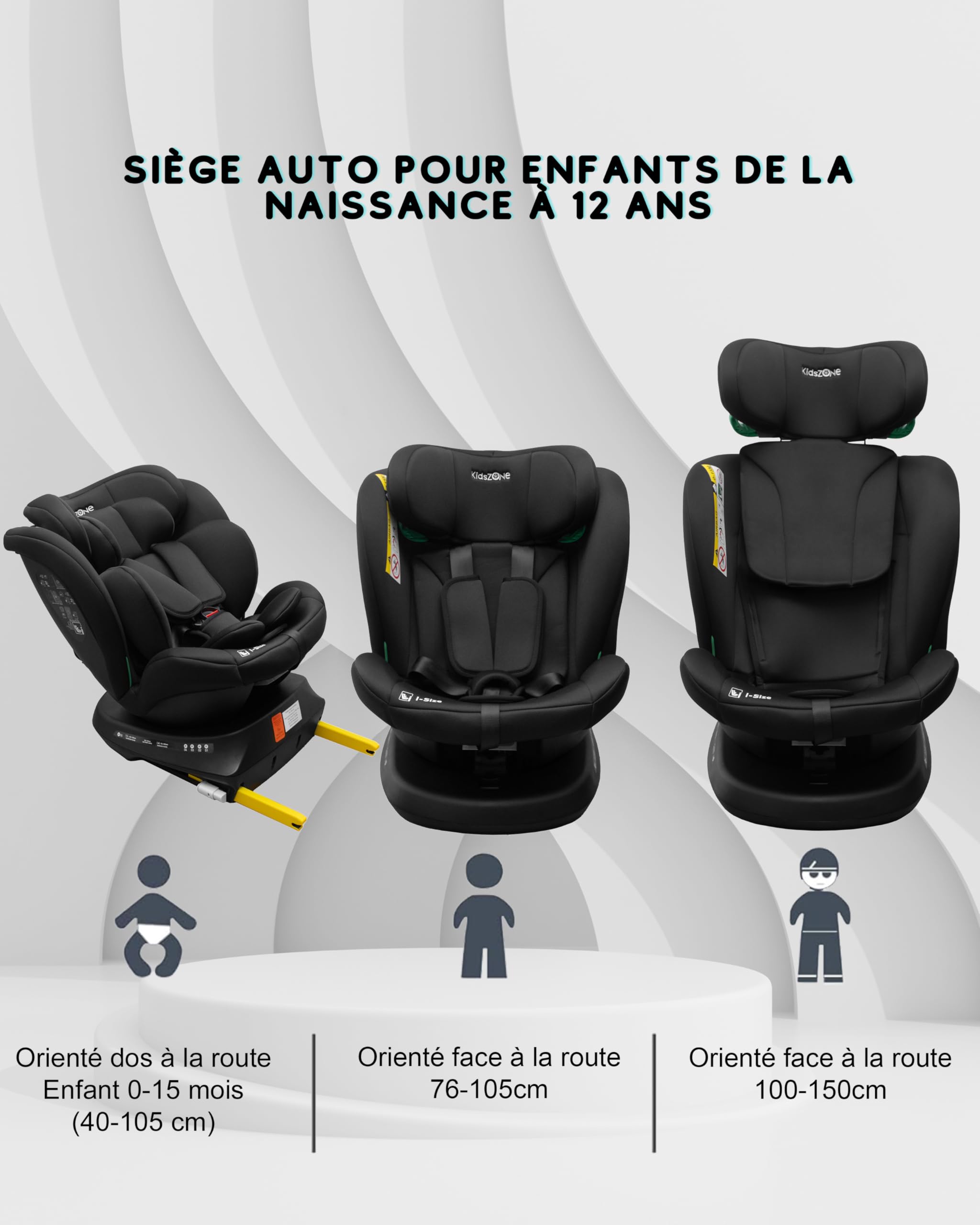 Siège Auto Bébé 0 à 36kg Isofix 0-12 ans, Groupe 0/1/2/3 - Siège Auto Pivotant 360° Évolutif 40-150cm i-Size - 9 Positions d'Appui-tête, 5 Positions d'Inclinaison