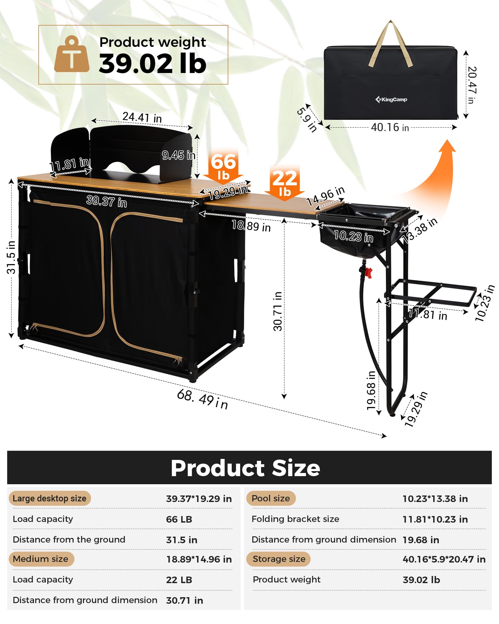 KingCamp Camp Kitchen Table, Portable Camping Cooking Organizer, Extended Slide-Out Bamboo Work Station with Sink, Pop-up Extra Large Storage Space, Idea for RV, Van, Outdoor, Glamping, Grill