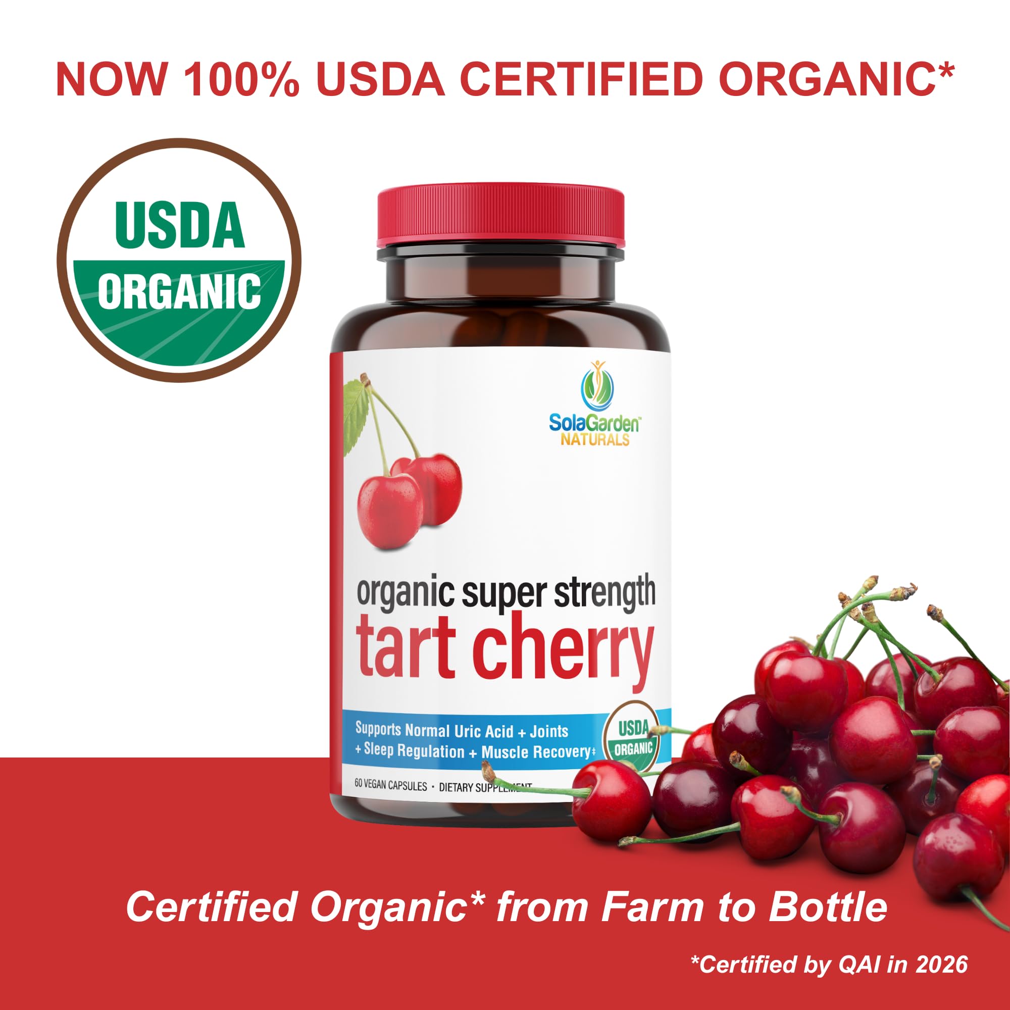 USDA Organic Super Strength Tart Cherry Supplement, 50:1 Extract of Non-GMO Organic Cherries, by SolaGarden Naturals, 60 Non-GMO Vegan Capsules, Supports Normal Uric Acid, Made in USA — Amazon image 2