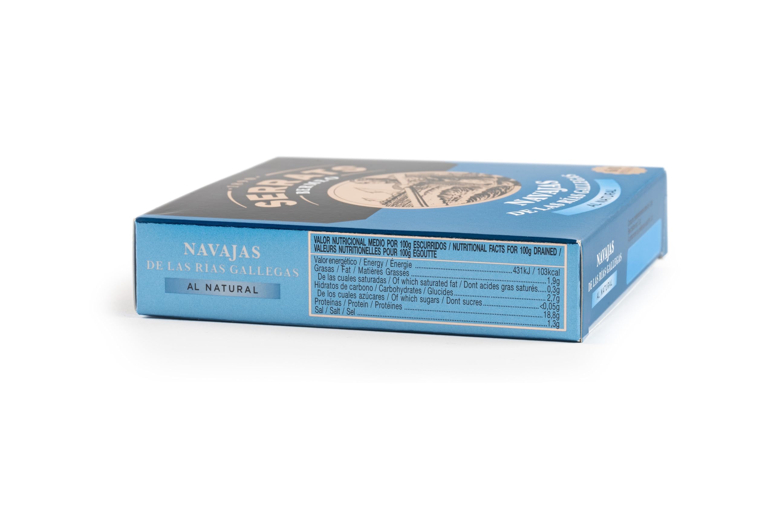 CONSERVAS SERRATS - Cannolicchi delle Rias Galiziane al Naturale - 8 Lattine x 110g (Totale: 880g) - Senza Glutine, Omega 3 - Marisco Gourmet Artigianale Premium (6-8 pezzi/lattina)