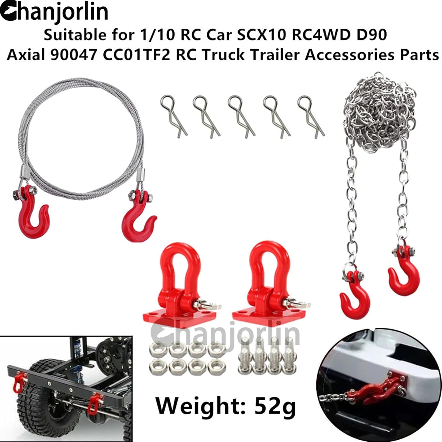 1/10 RC Car Mini Metal Trailer Chain and Tow Hooks Buckle & RC Body Clips Bent Springy R Pins Accessories for 1:10 Rock Crawler Truck Car Traxxas TRX4 SCX10 Axial RC4WD Tamiya D90 (Red)