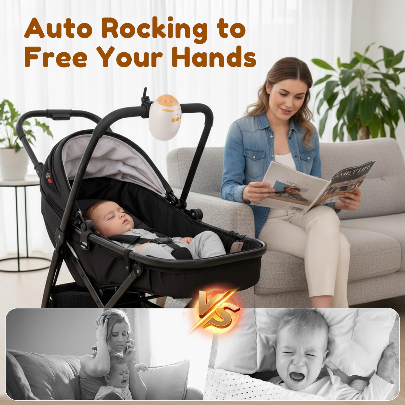 Altalena per Passeggino, Ricaricabile USB-C per Bambini & Timer da 40min, Intensità Regolabile e Timer, Passeggino con 11 Bianco Rumore per Passeggino e Passeggino