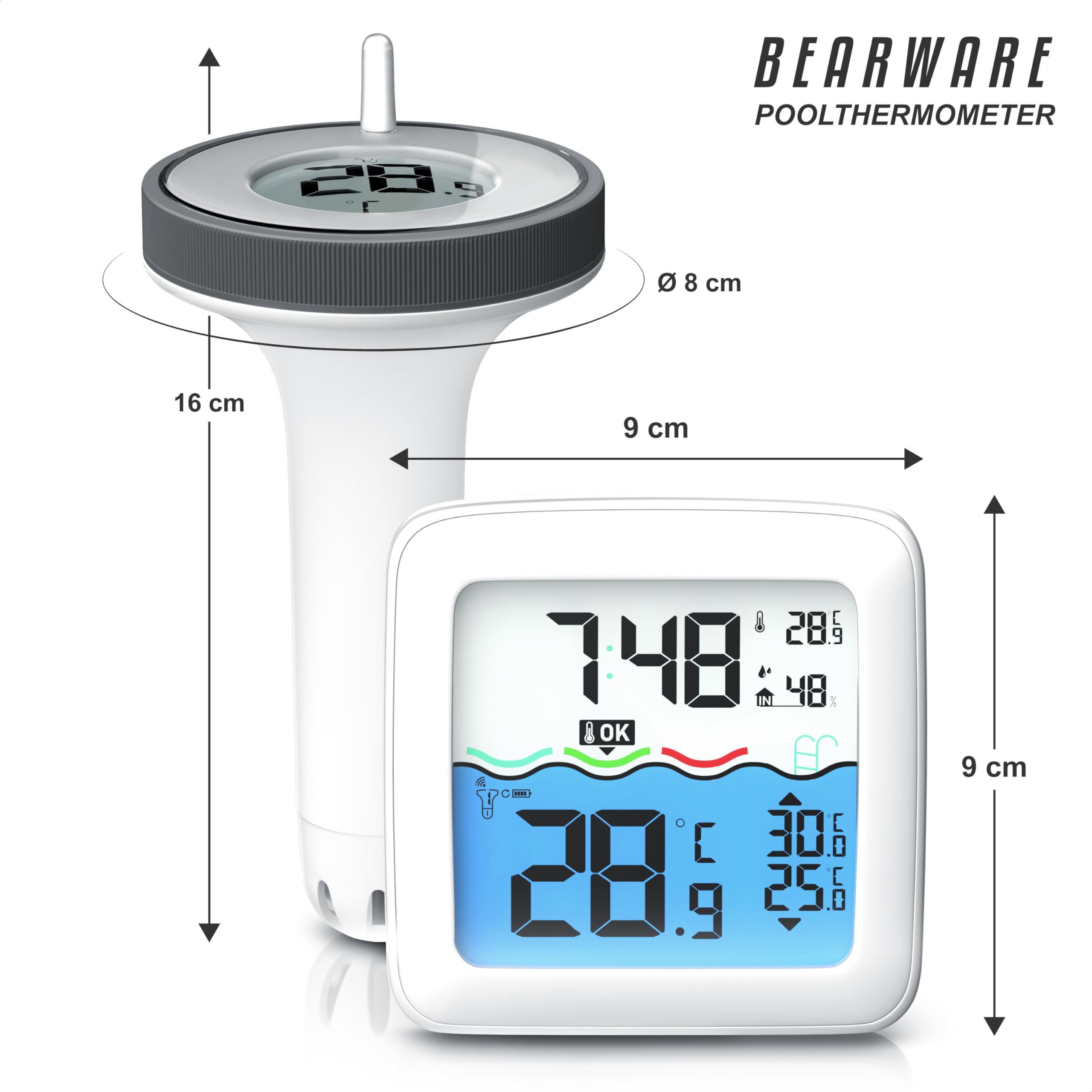 CSL - Poolthermometer Funk digital – Basisstation mit Schwimmer – Wassertemperatur Innentemperatur Luftfeuchtigkeit - DCF Uhrzeit – Pool Thermometer schwimmend mit bis 60 m Reichweite