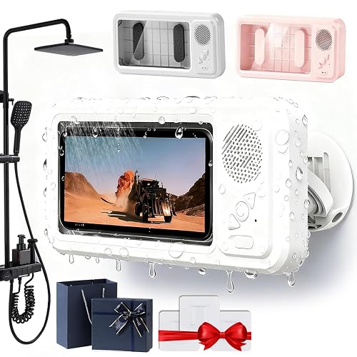 2026New Waterproof Phone Holder with Speaker, Shower Phone Holder Waterproof - Built-In Smart Bluetooth Speaker,Fog-Resistant Bathroom Wall Phone Mount for Any Phones Secure Attachment Surface (White)