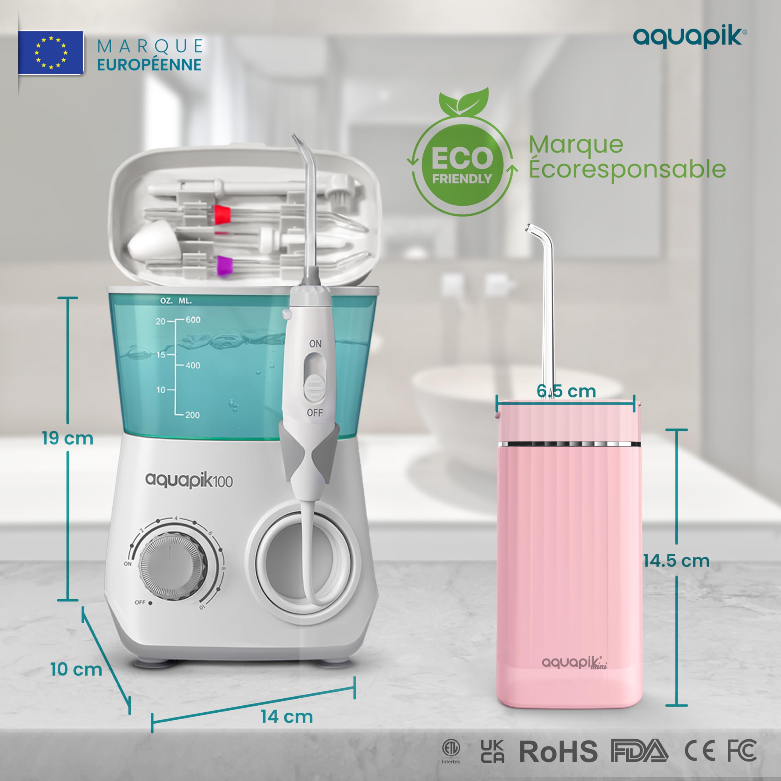 Aquapik® DUO Jet Dentaire : table + Mini Portable | Recommandé par les dentistes + Élimine la Plaque + Prend soin de vos Implants et Orthodontie | Hygiène Buccale Profonde (Blanc - Rose)