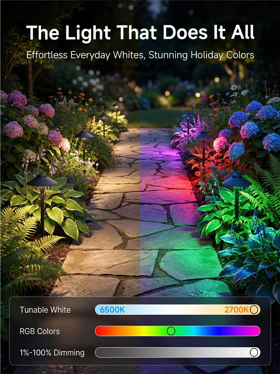 RGBCW Smart Low Voltage Path Light, 12v Black Landscape Lighting with Bluetooth APP Control, Dimmable Warm/Daylight 2700K-6500K G4 Bulb, Large Hat IP65 Waterproof for Walkway Yard 1 Pack