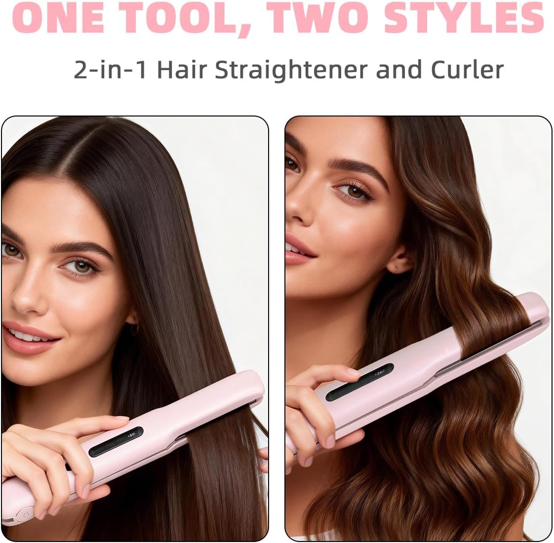 Cordless Hair Straightener, Mini Travel Flat Iron Rechargeable for Women, Portable Hair Straightener and Curler 2-in-1, Fast Heating, Adjustable Temp for On-The-Go Styling(Pink)