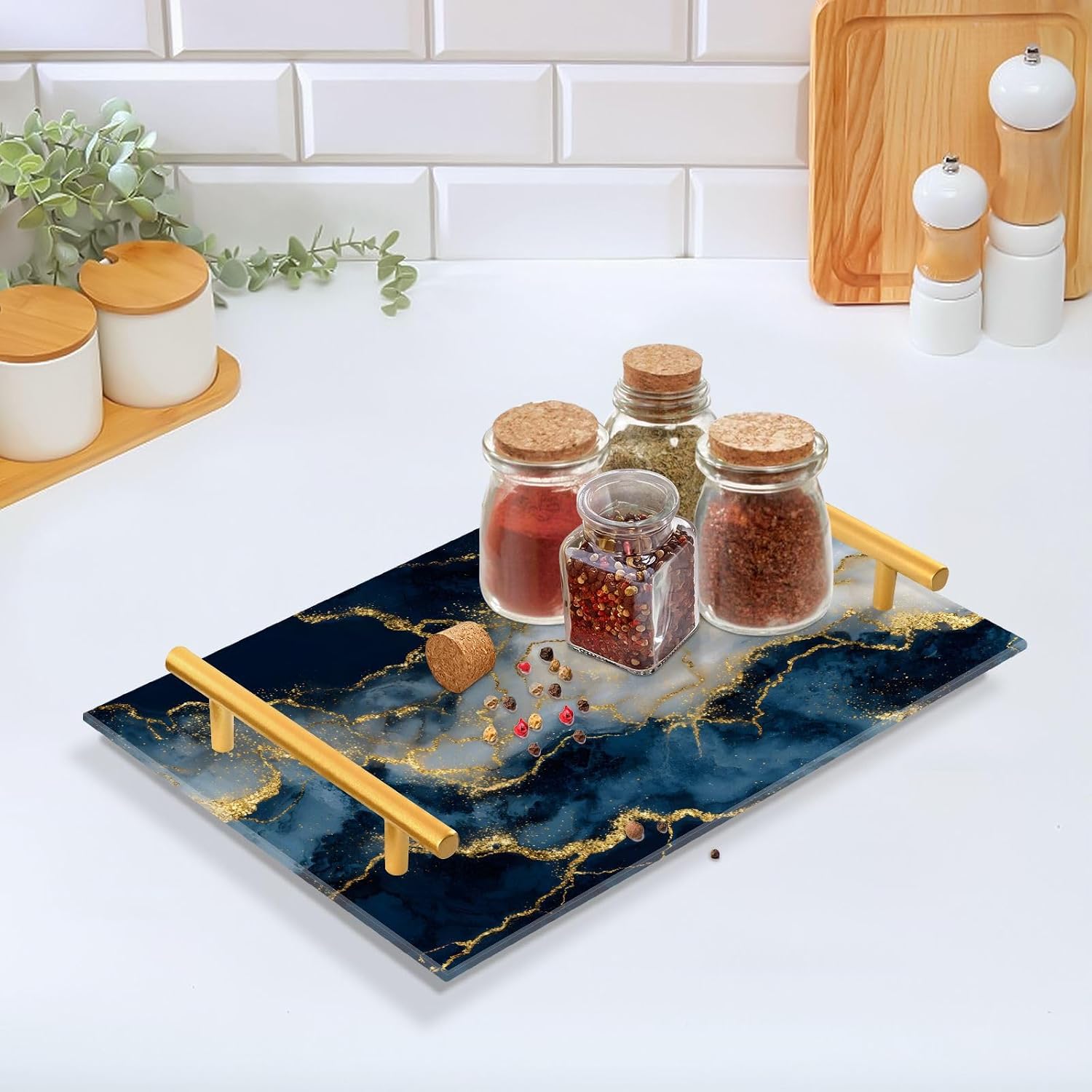 Navy Blue Gold Marble Print Bathroom Perfume Vanity Tray Acrylic Serving Tray with Handles Decorative Party Platters for Coffee Tea Table Kitchen Countertop